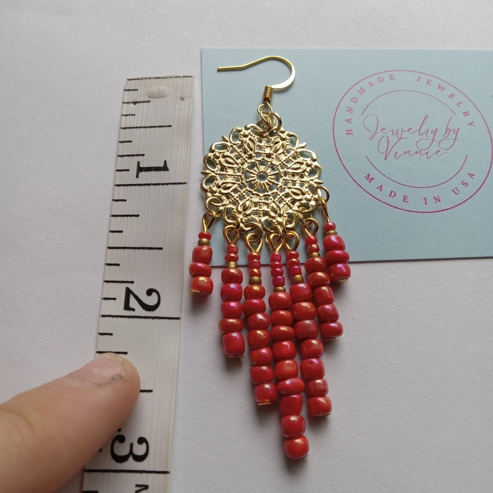 Hand Crafted Gold and Orange Beaded Earrings - Picture 6 of 6